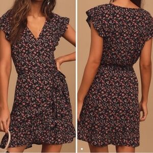 Lulus A Beauty Downtown Black Floral Print Wrap Mini Dress